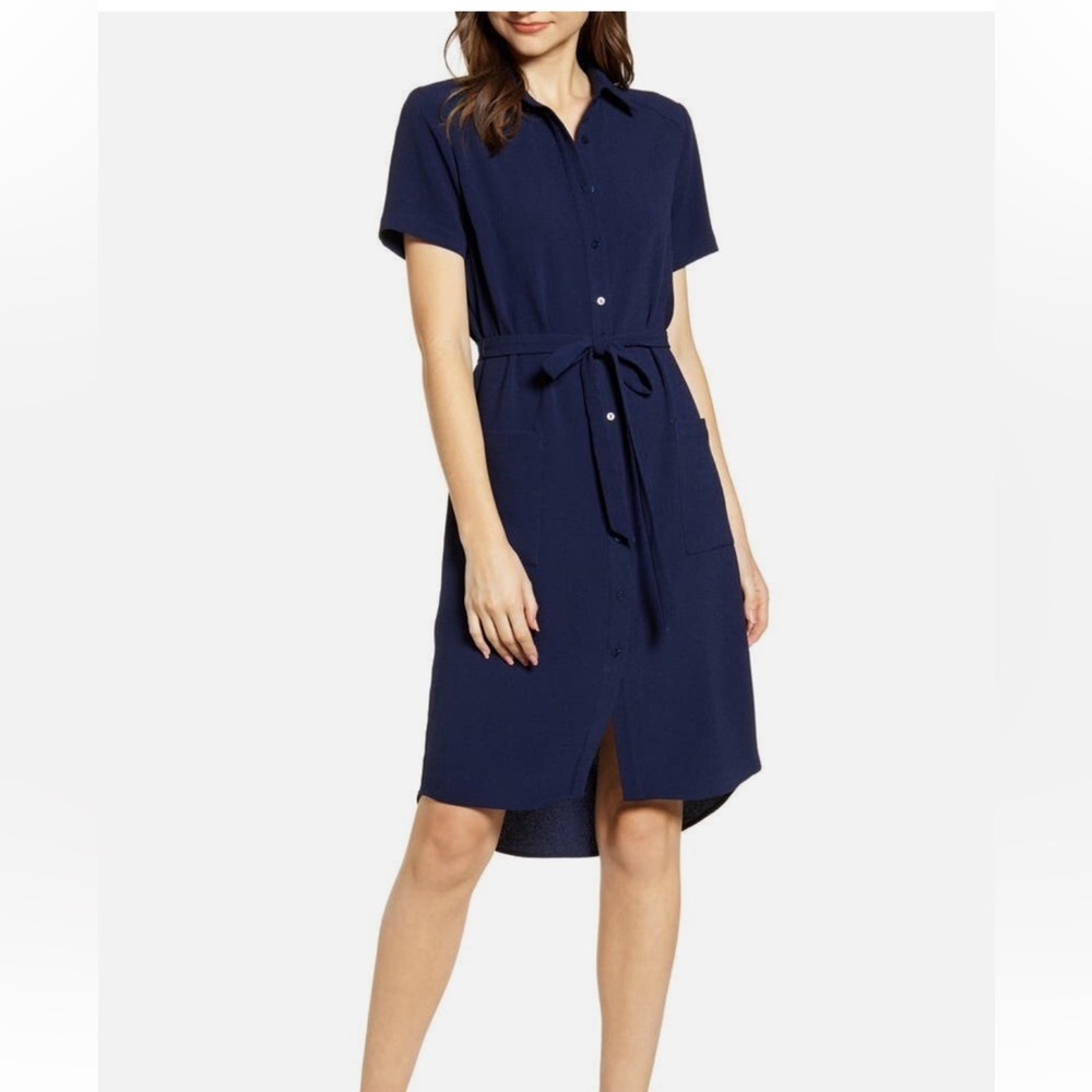 RACHEL PARCELL Navy Peacoat Blue Button Short High Low Shirt Dress
